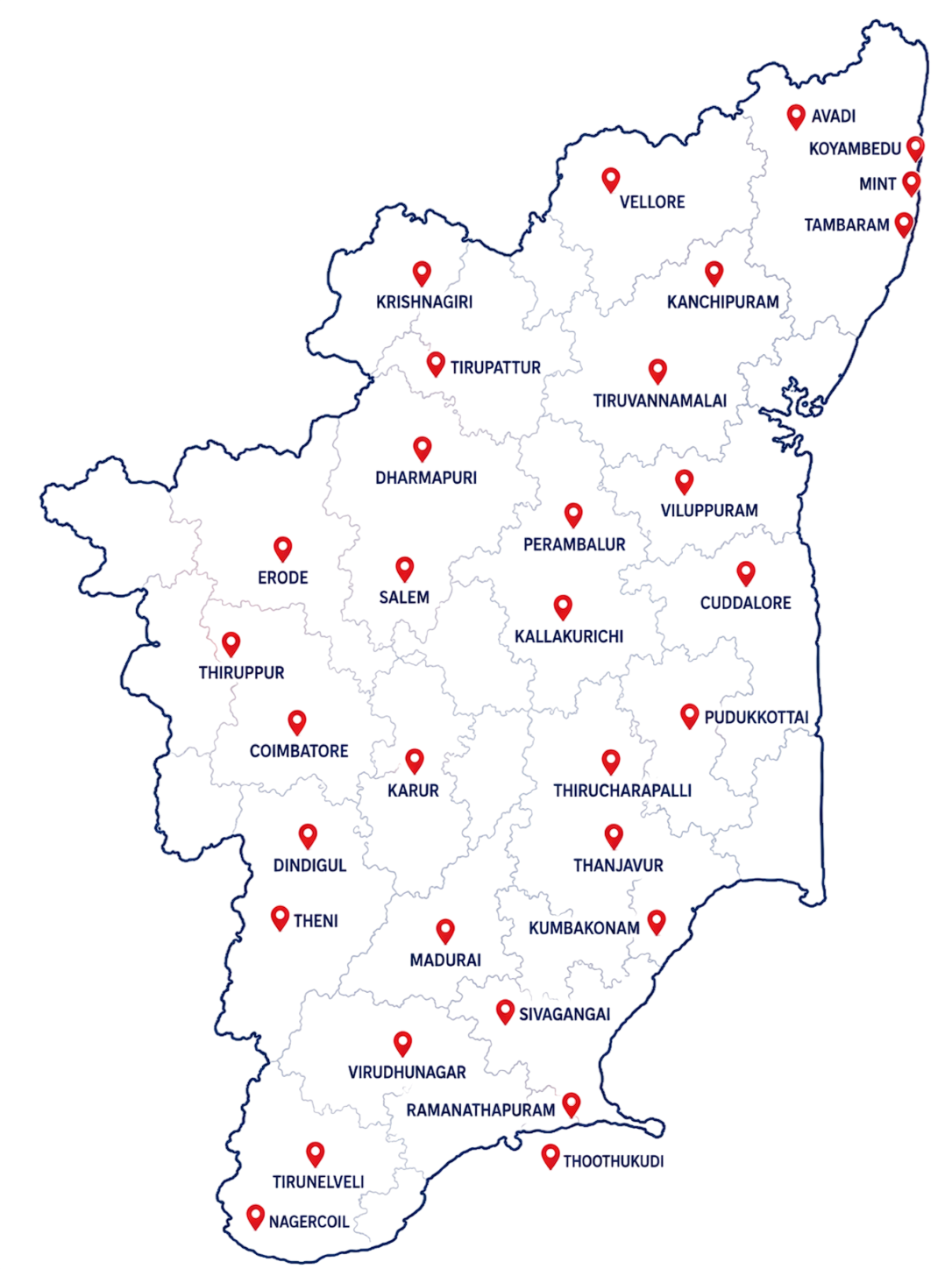 Map of Tamil Nadu highlighting Annamal Institute's regional presence